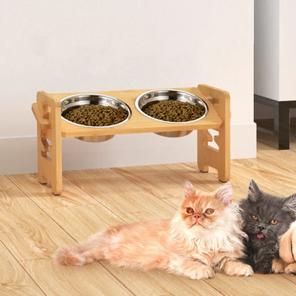 Adjustable Bamboo Pet Feeder: Stainless Steel Bowls