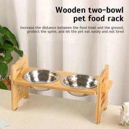 Adjustable Bamboo Pet Feeder: Stainless Steel Bowls