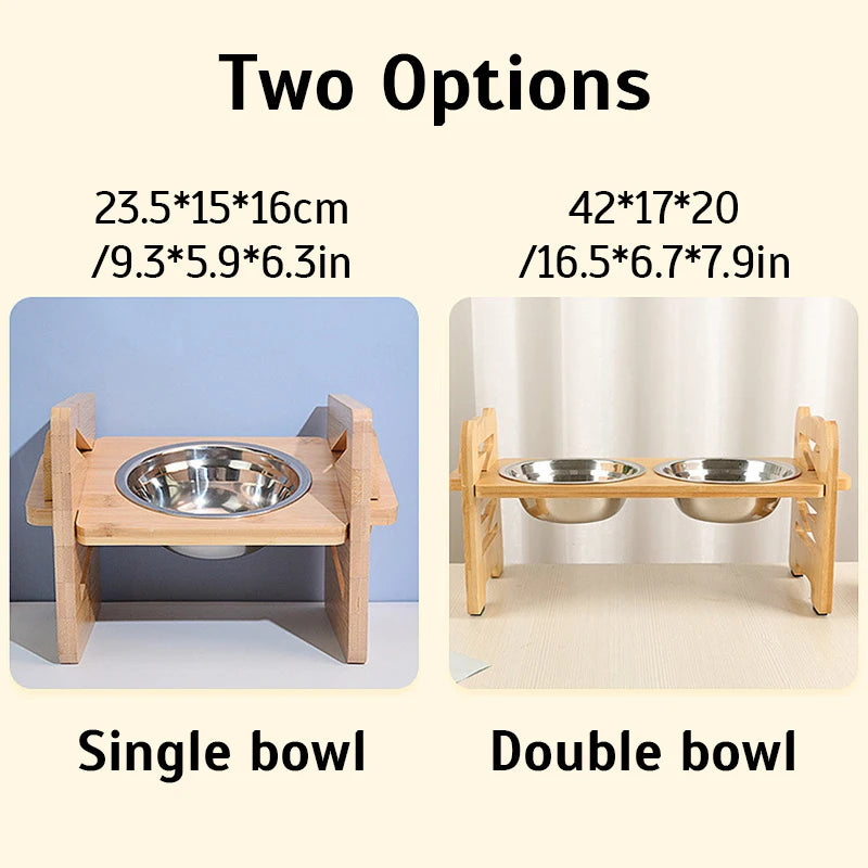 Adjustable Bamboo Pet Feeder: Stainless Steel Bowls