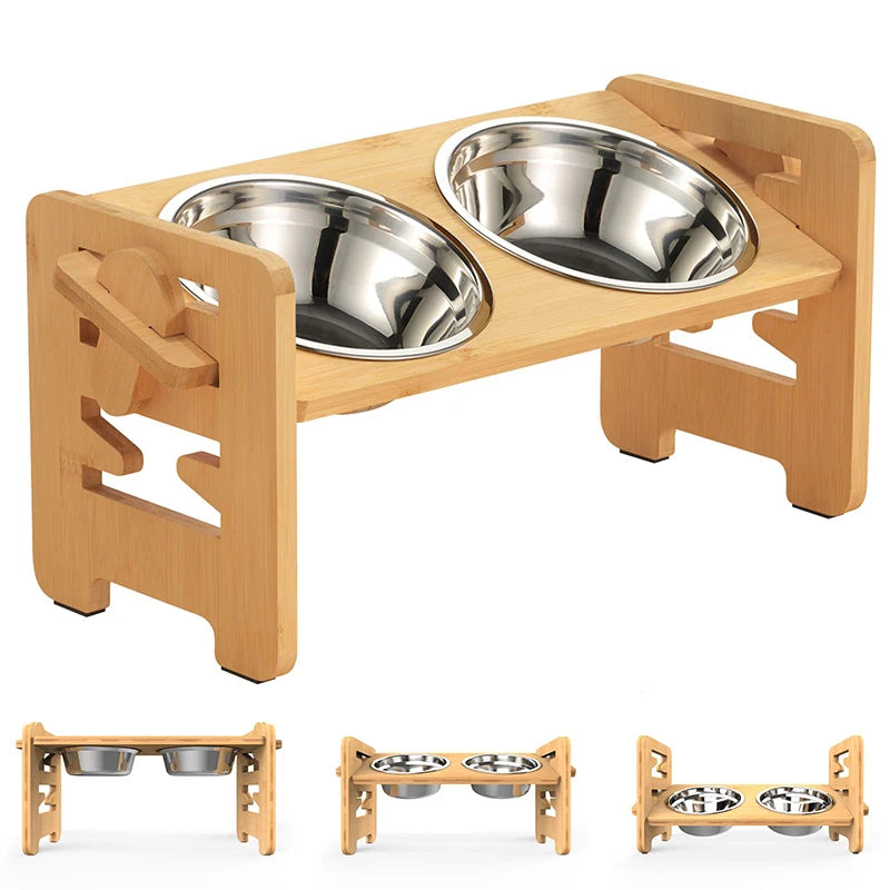 Adjustable Bamboo Pet Feeder: Stainless Steel Bowls