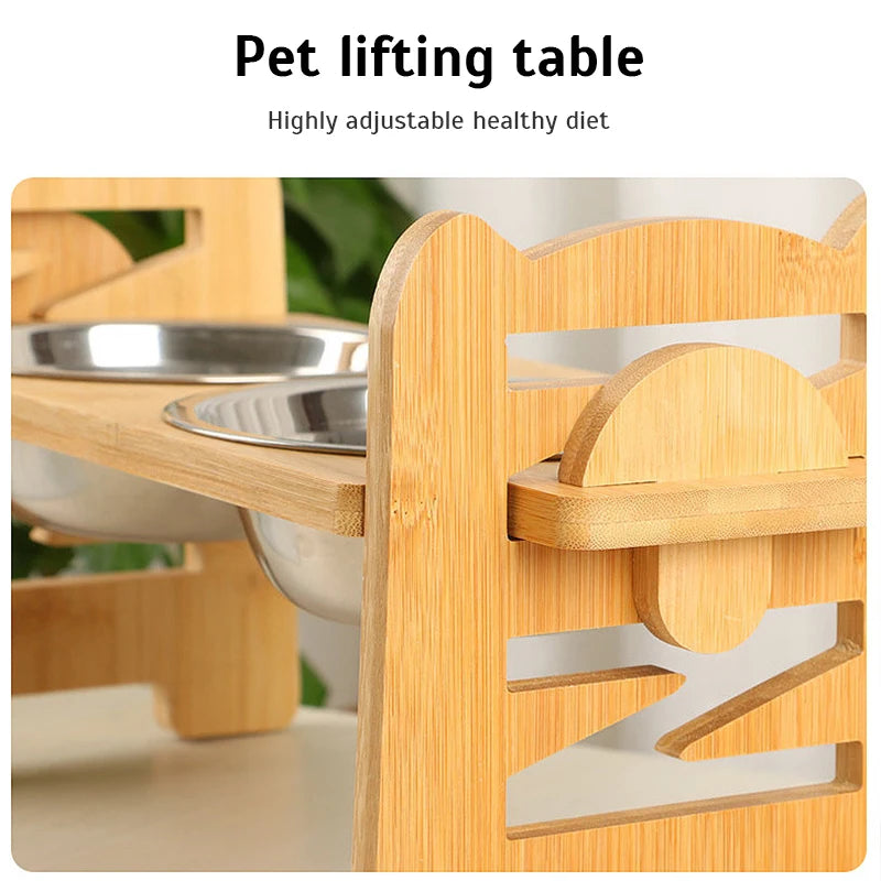 Adjustable Bamboo Pet Feeder: Stainless Steel Bowls